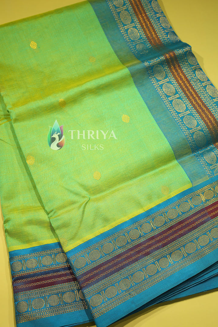 Silk Cotton Saree in Light Green and Sky Blue - TSKB040503 - View 2