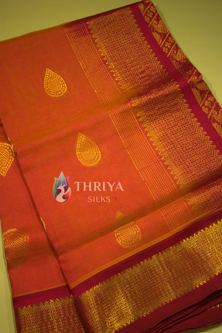 Silk Cotton Saree in Coral Orange and Magenta - TSTB050503 - View 2