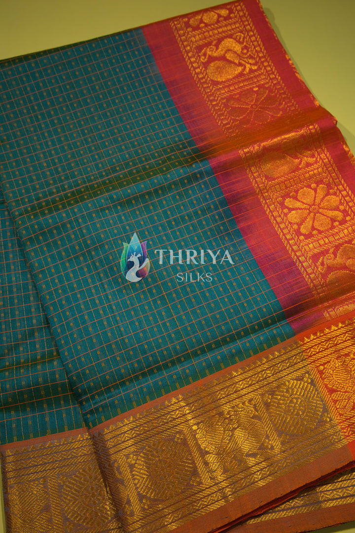 Silk Cotton Saree in Peacock Green and Pink - TSLD040501 - View 2