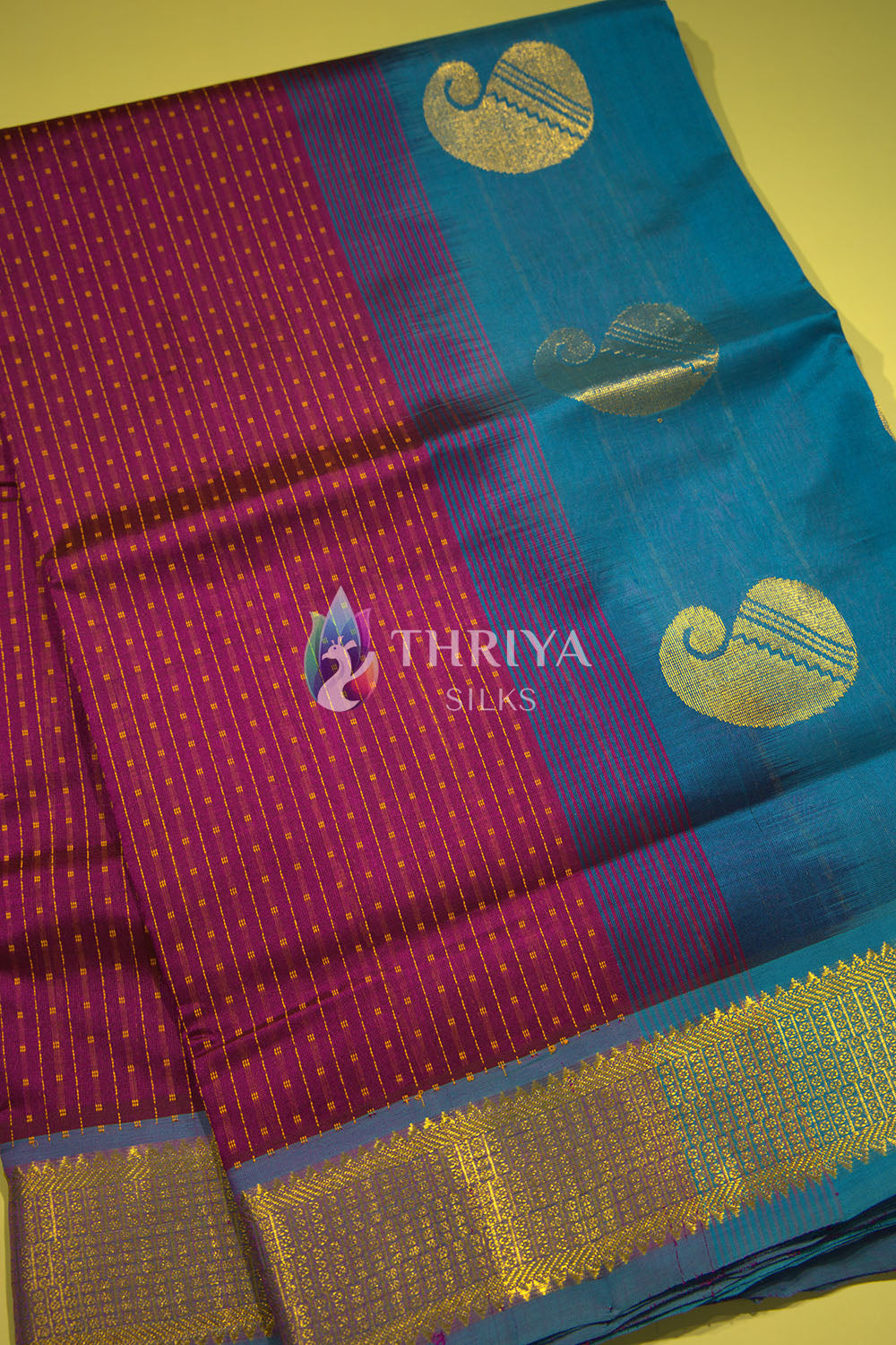 Silk cotton Saree in Magenta Purple and Sky Blue - TSCD050505 - View 2