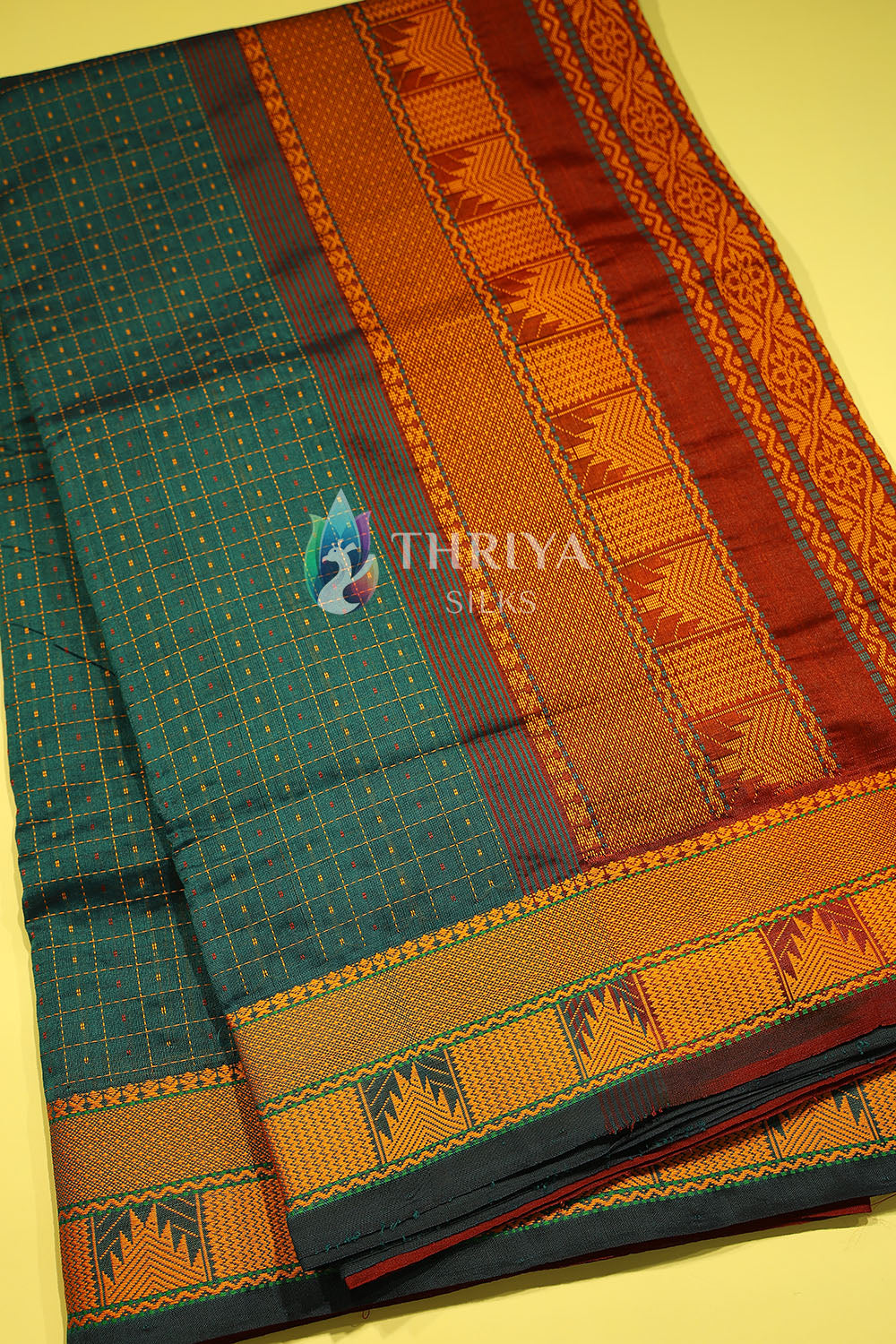 Silk Cotton Saree in Peacock Green and Dark Maroon - TSB040512 - View 2