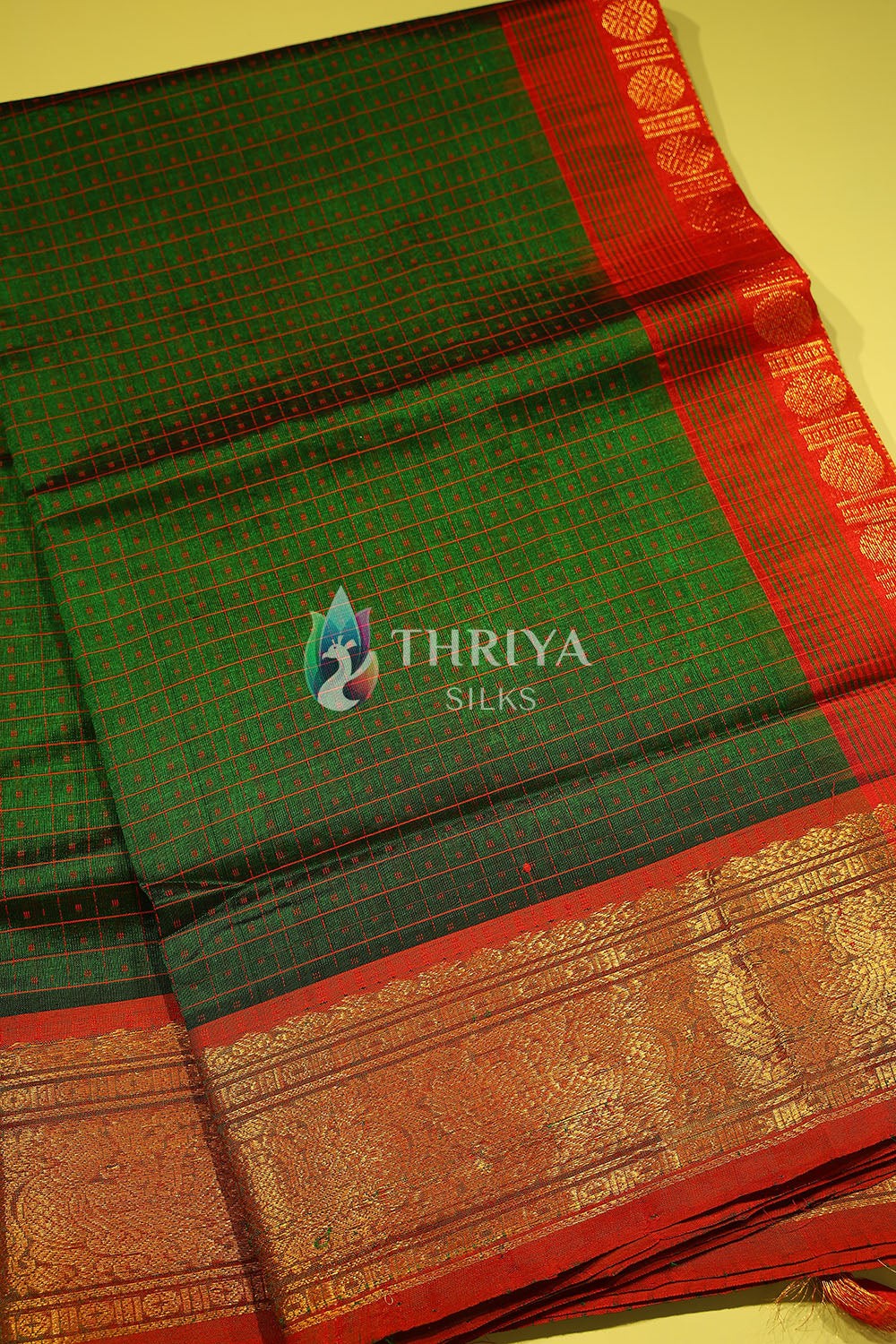 Silk Cotton Saree in Dark Green and Red - TSLD040504 - View 2