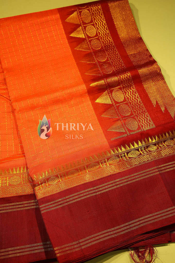 Silk Cotton Saree in Coral Orange and Maroon - TSZC040505- View 2