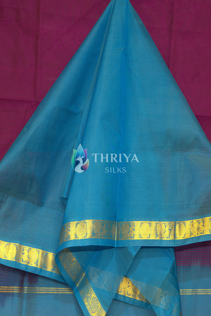 Silk Cotton Saree in Purple and Sky Blue - TSSB040501 - View 4