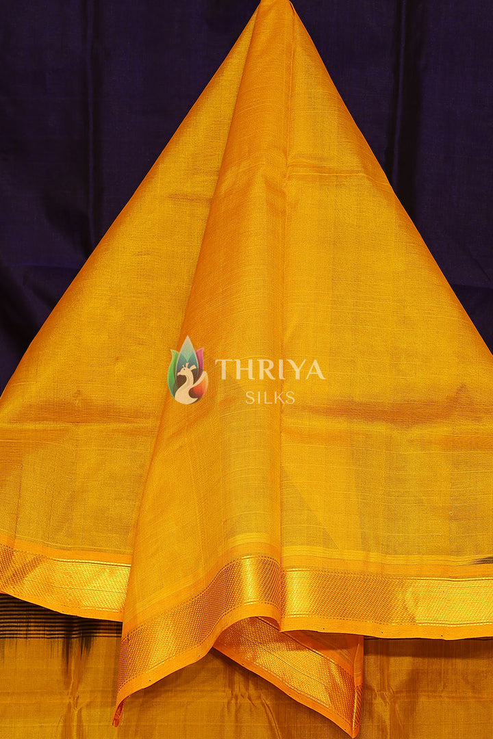 Silk Cotton Saree in Dark Blue and Mustard Yellow - TSSB040508 - View 4