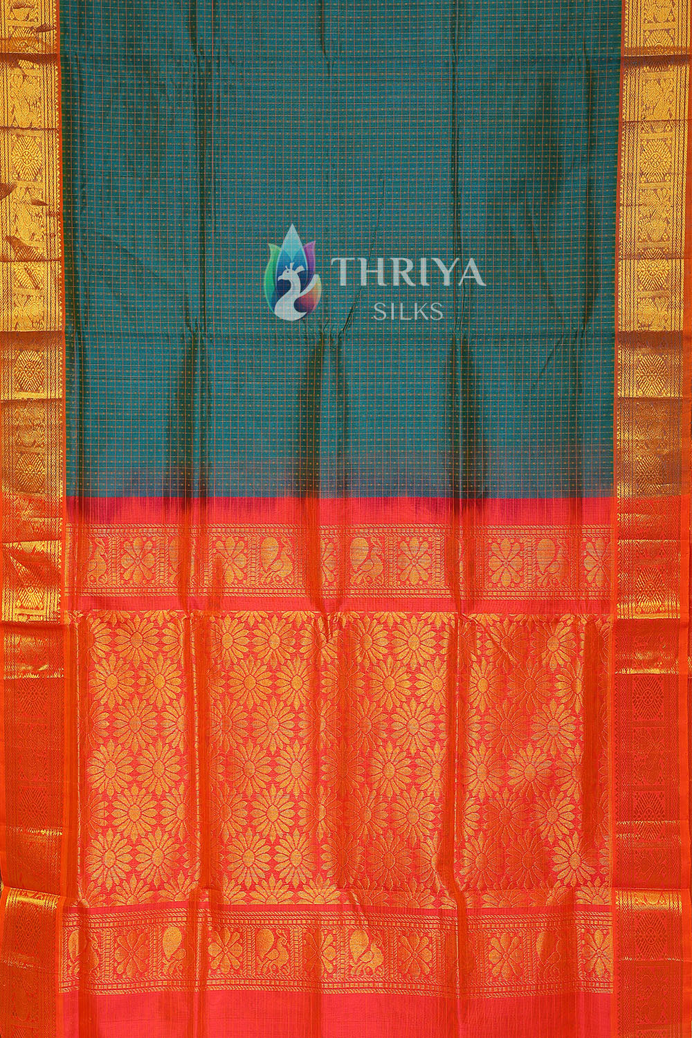 Silk Cotton Saree in Peacock Green and Pink - TSLD040501 - View 3