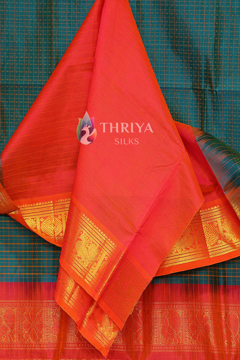 Silk Cotton Saree in Peacock Green and Pink - TSLD040501 - View 4