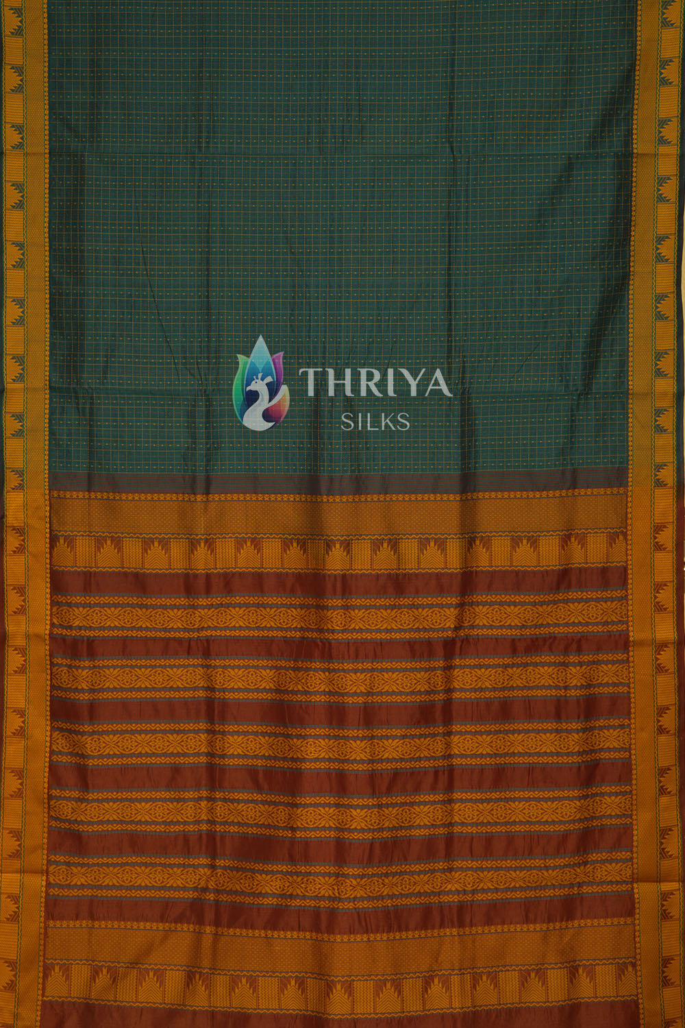 Silk Cotton Saree in Peacock Green and Dark Maroon - TSB040512 - View 3