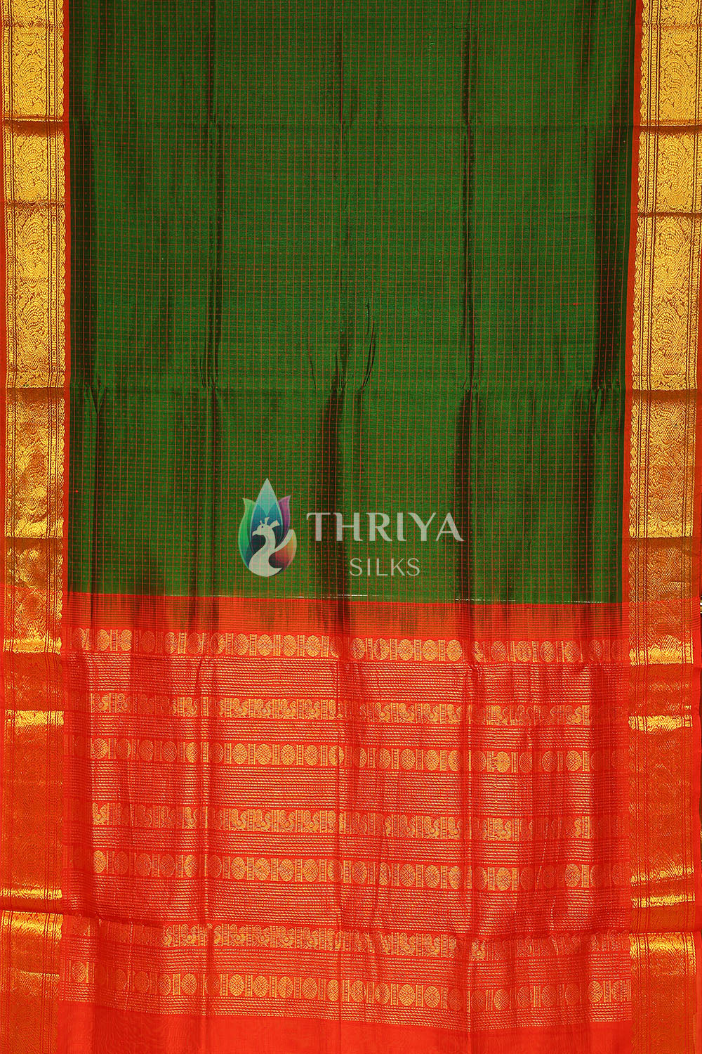 Silk Cotton Saree in Dark Green and Red - TSLD040504 - View 3