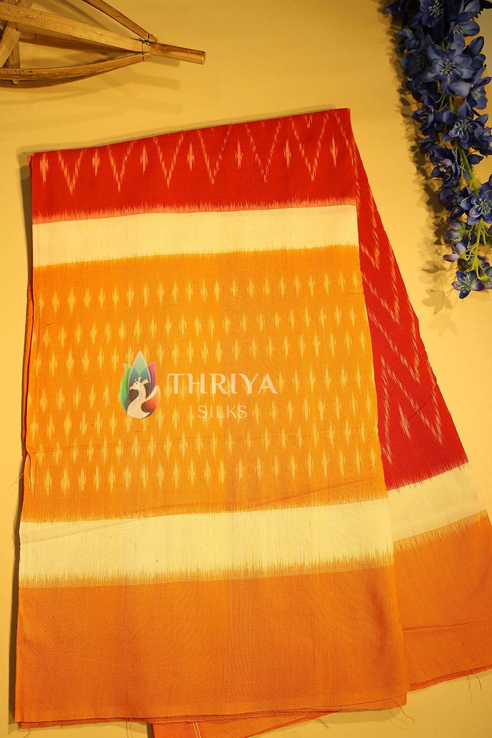 Red & Yellow Ikkat Mercerised Cotton Saree - TSEC060501 - View 1