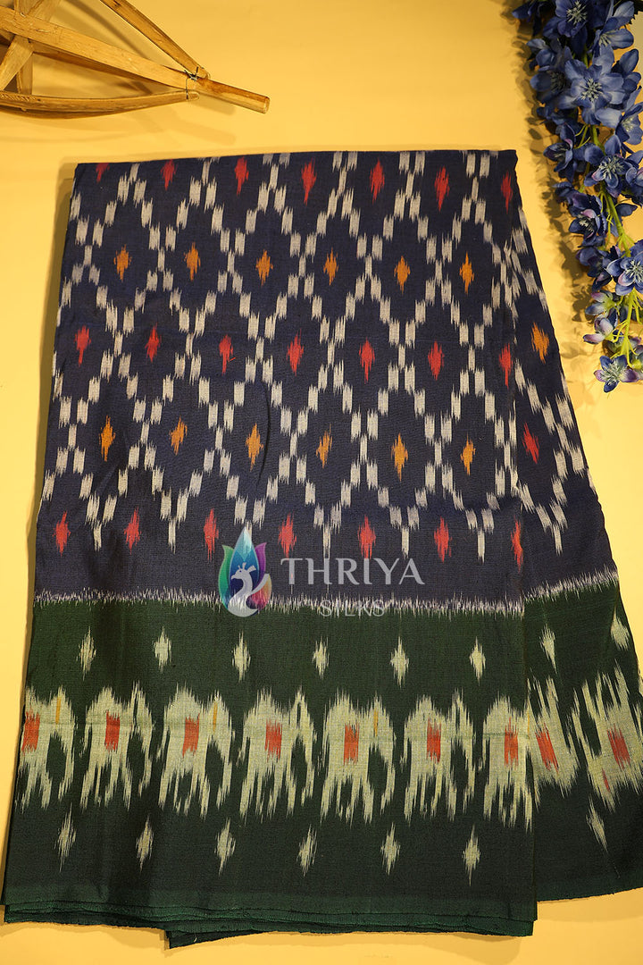 Navy Blue And Green Ikkat Mercerized Cotton Saree - TSEC060505 - View 1