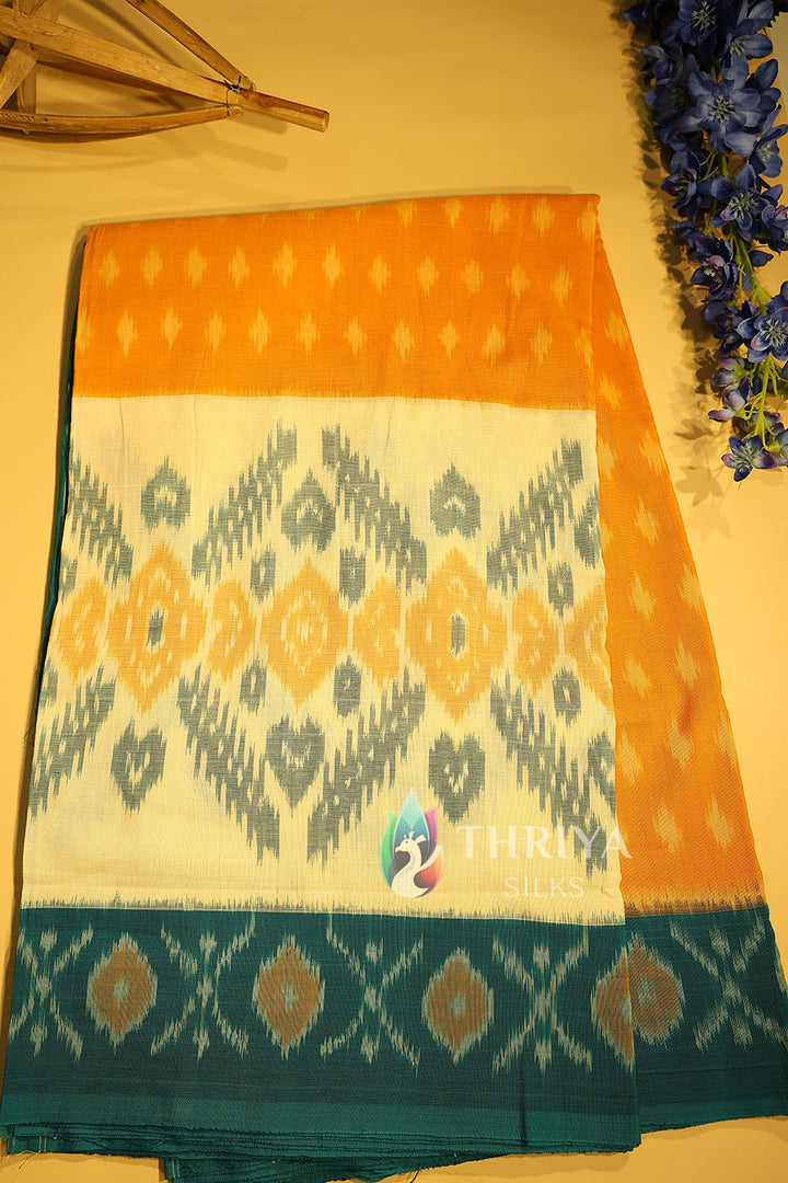 Yellow and  Peacock Green Ikkat Mercerized Cotton Saree - TSEC060507 - View 1