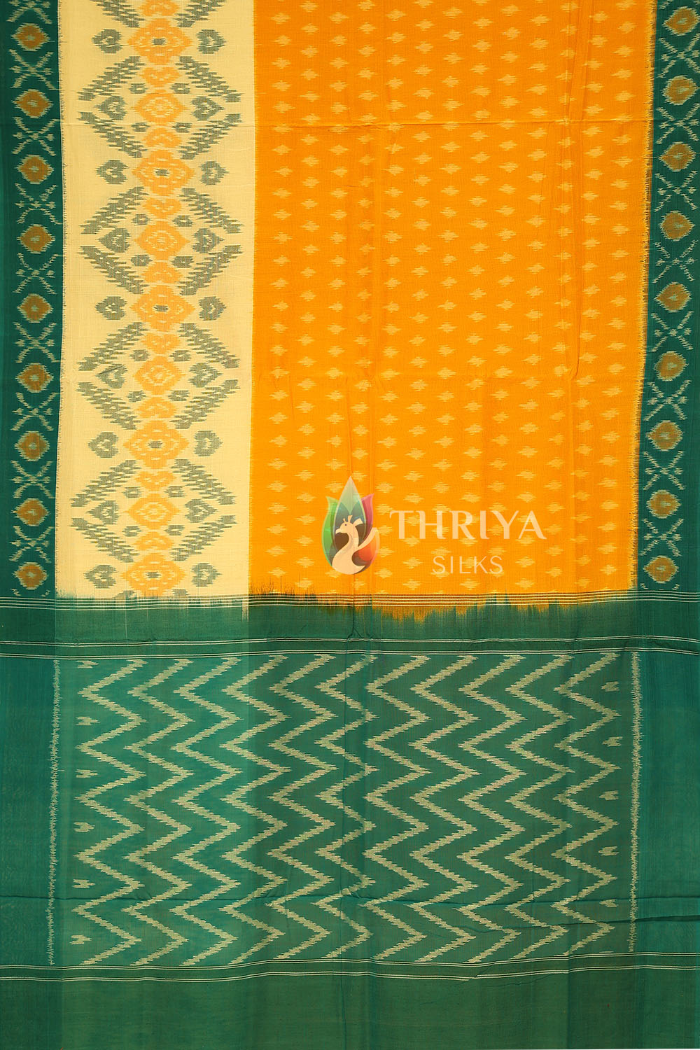 Yellow and  Peacock Green Ikkat Mercerized Cotton Saree - TSEC060507 - View 2