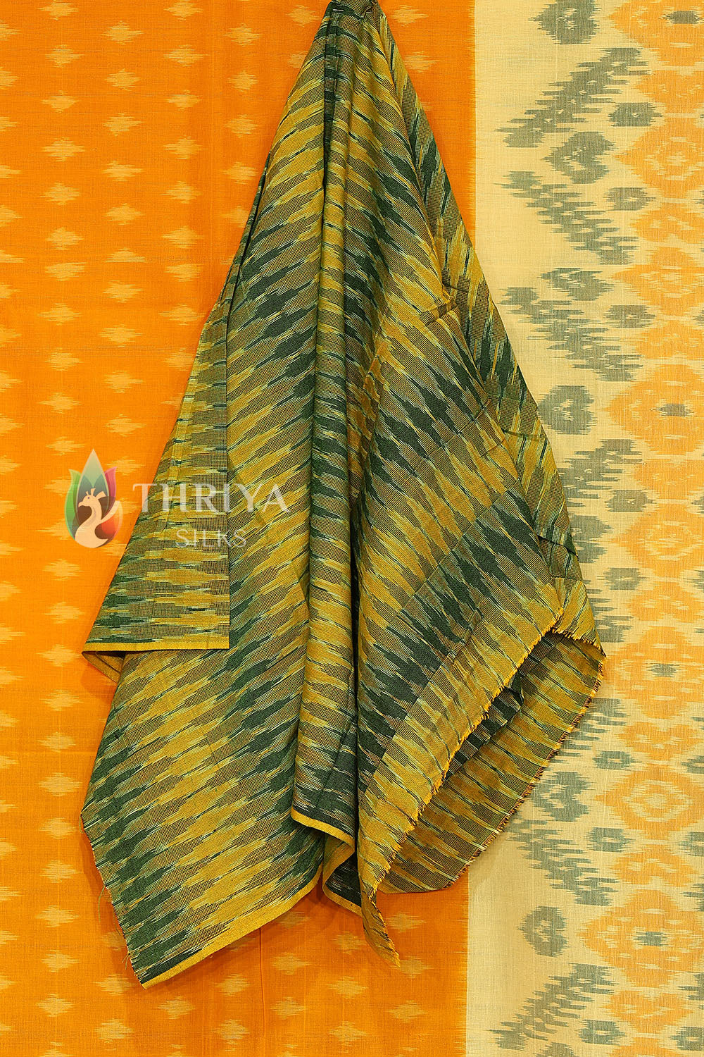 Yellow and  Peacock Green Ikkat Mercerized Cotton Saree - TSEC060507 - View 3