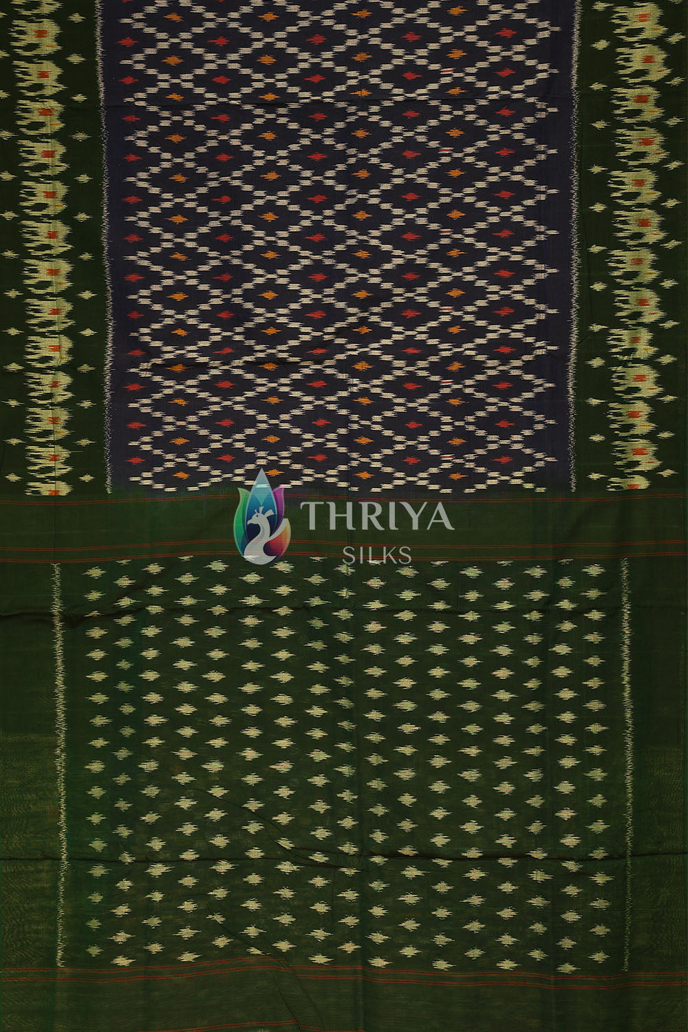 Navy Blue And Green Ikkat Mercerized Cotton Saree - TSEC060505 - View 2