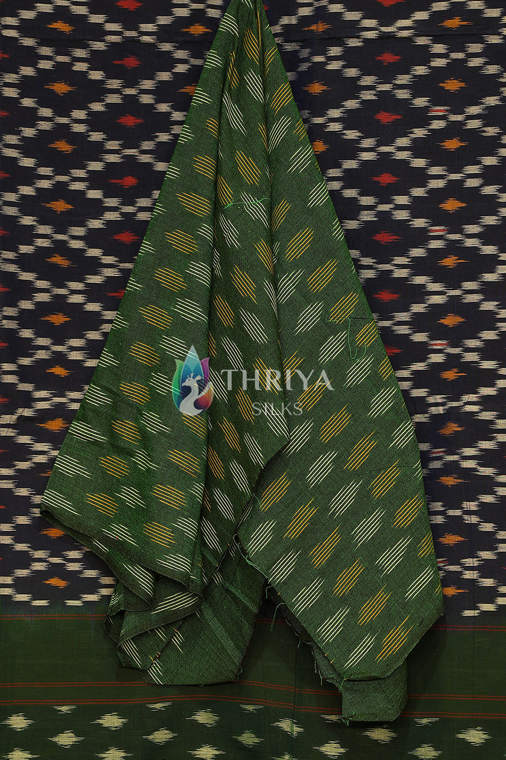 Navy Blue And Green Ikkat Mercerized Cotton Saree - TSEC060505 - View 3