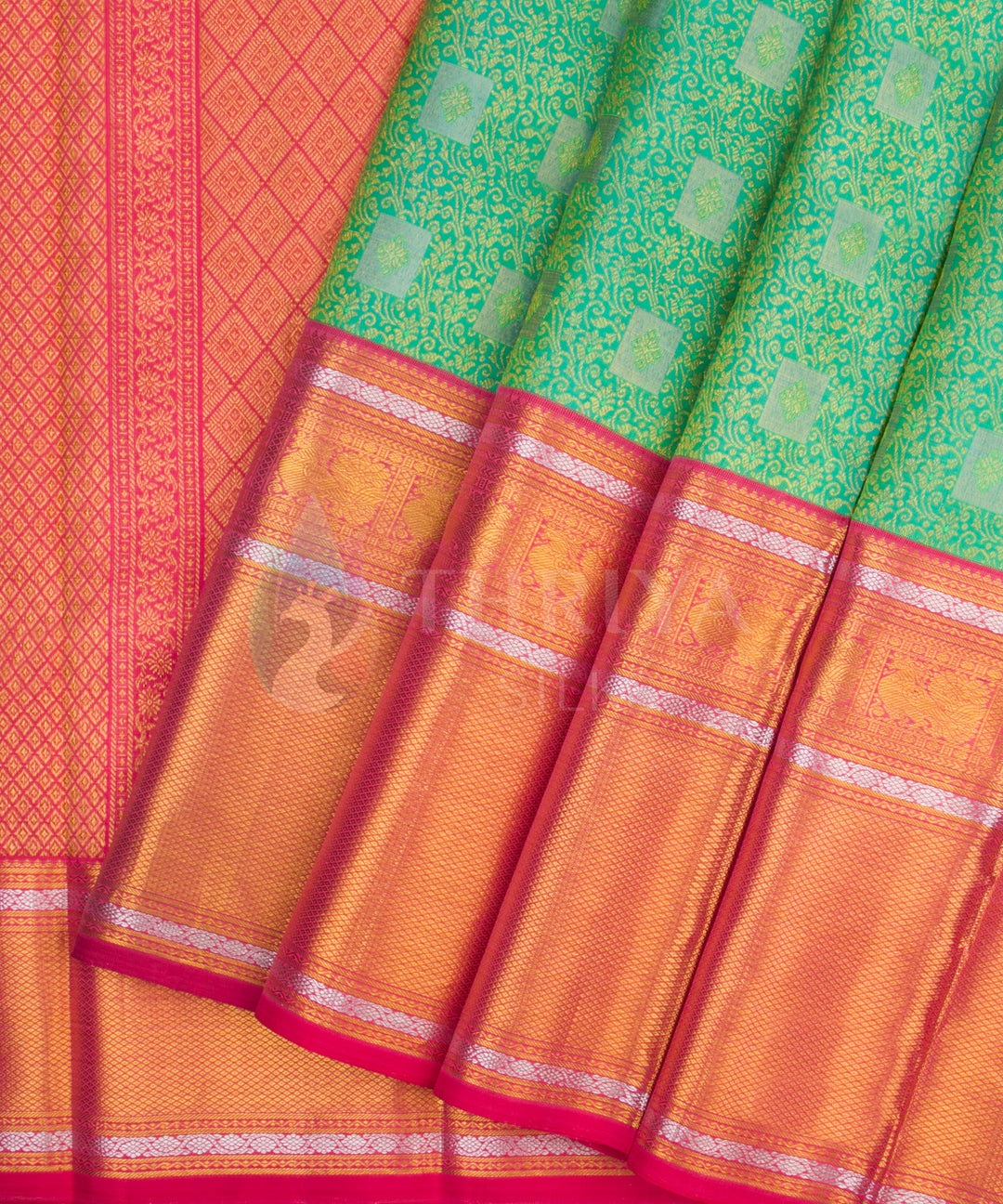 Green with Peach Border Pure Zari Kanchipuram Silk Saree - TSW0829 - View 2