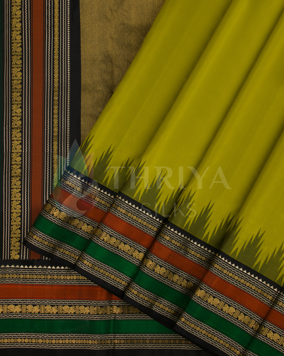 Lime Green And Black Kanchipuram Silk Saree - TSW210924