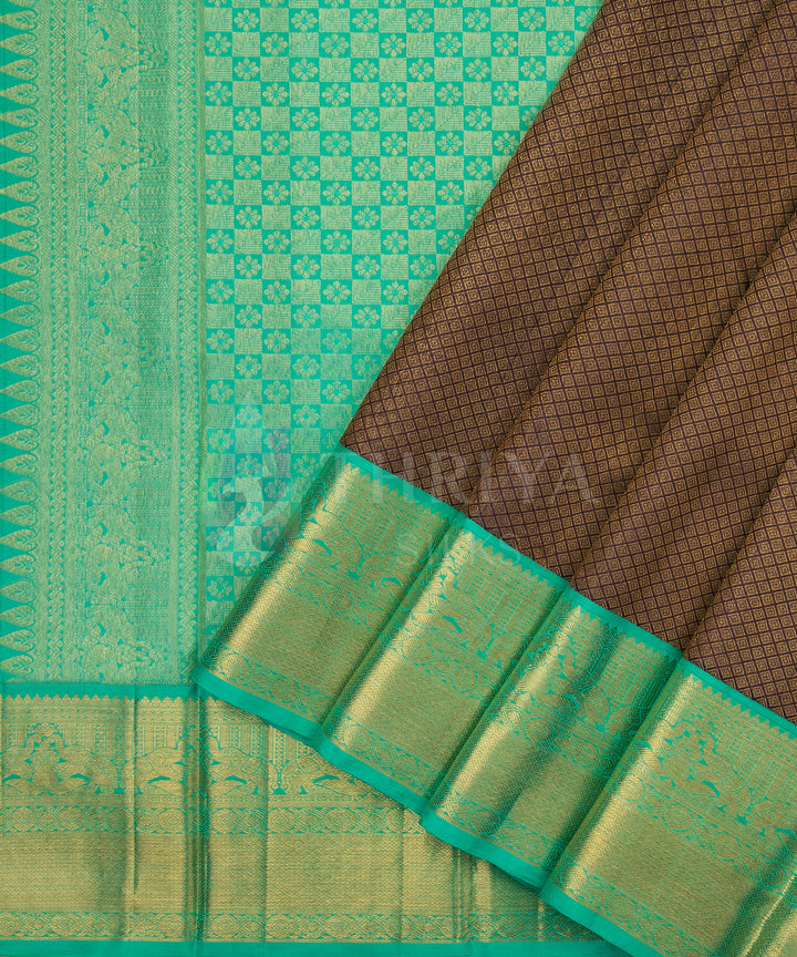 Brown with Sea Green Border Pure Zari Kanchipuram Silk Saree - TSW0812