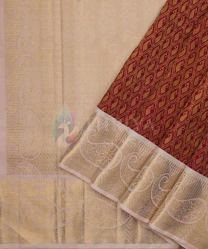 Maroon and Half White Pure Zari Kanchipuram Silk Saree - TSW0807