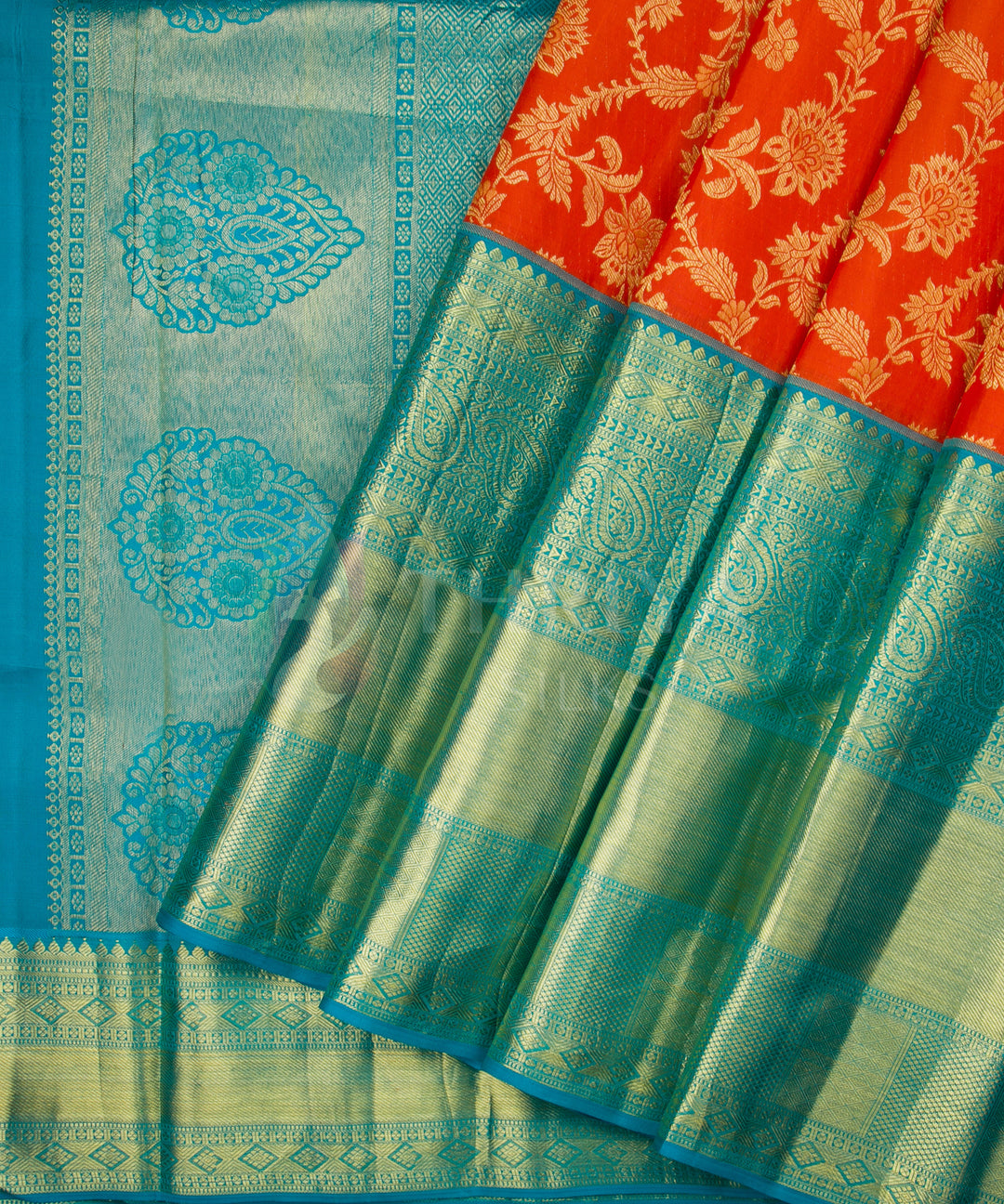 Orange And Aquamarine Kanchipuram Silk Saree - TSW0945