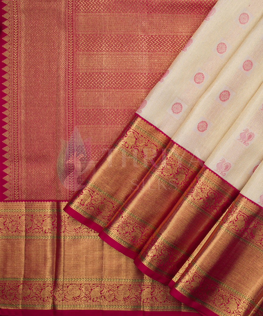 Off-White and Arakku Red Pure Zari Kanchipuram Silk Saree - TSW0787