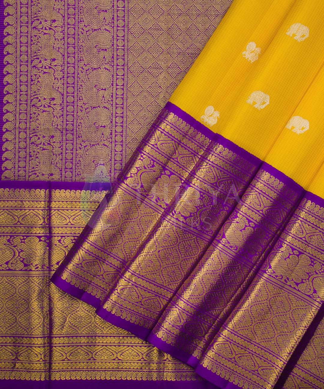 Yellow and Violet Pure Zari Kanchipuram Silk Saree - TSW0811