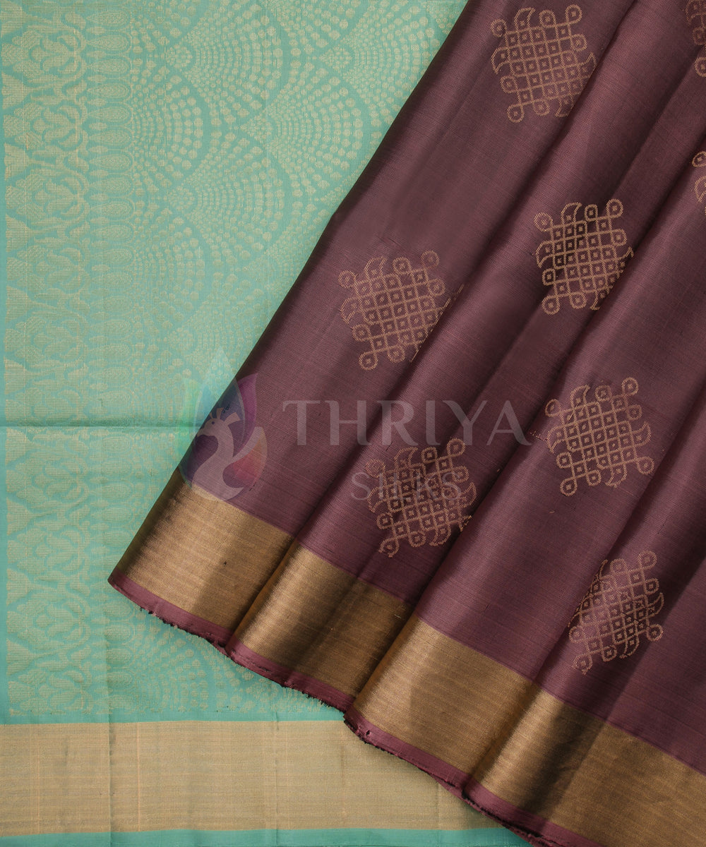 Brown And Pista Green Soft Silk Saree with Kolam Design Pattern - TSSS060501