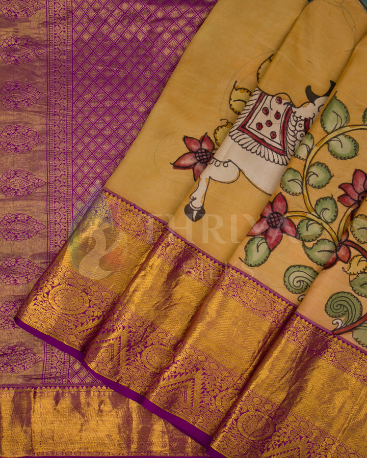 Teal, Yellow And Magenta Kalamkari Kanchipuram Silk Saree - TSW1099