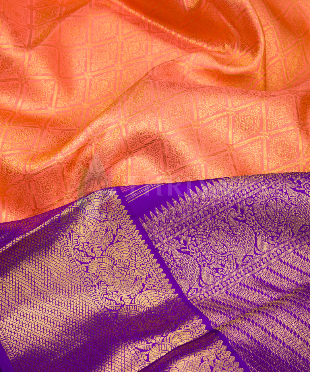 Coral with Royal Blue Kanchipuram Silk Saree - TSW1242 - View 4