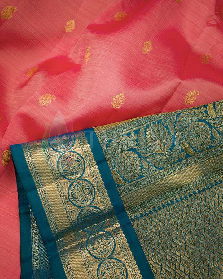 Salmon Pink And Peacock Blue Kanchipuram Silk Saree - TSW300808