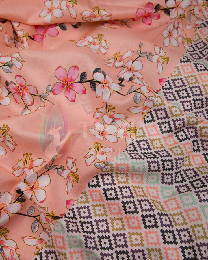 Peach Pink Digital Print Silk Saree - TSW021005