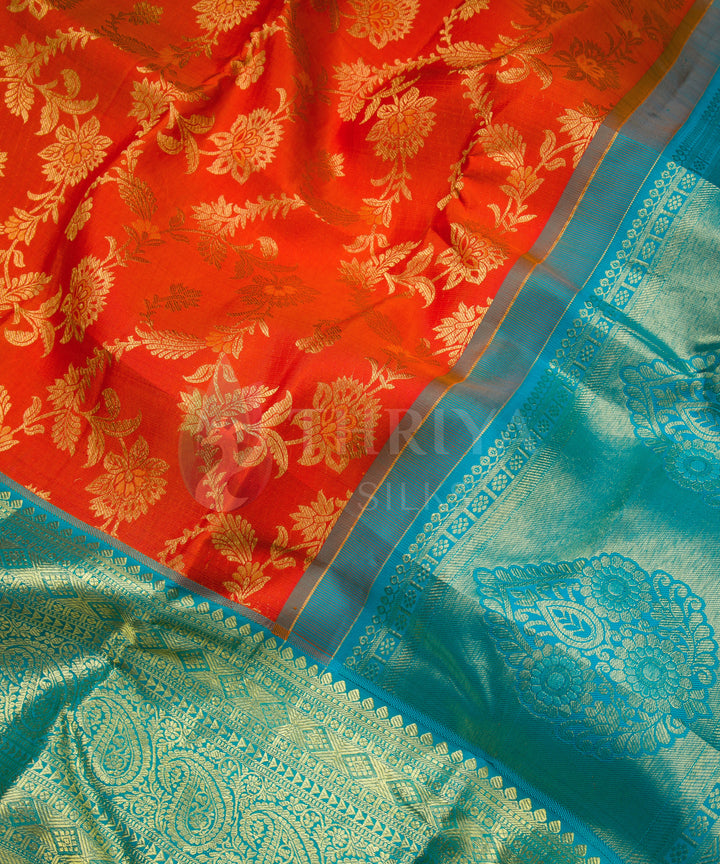 Orange And Aquamarine Kanchipuram Silk Saree - TSW0945