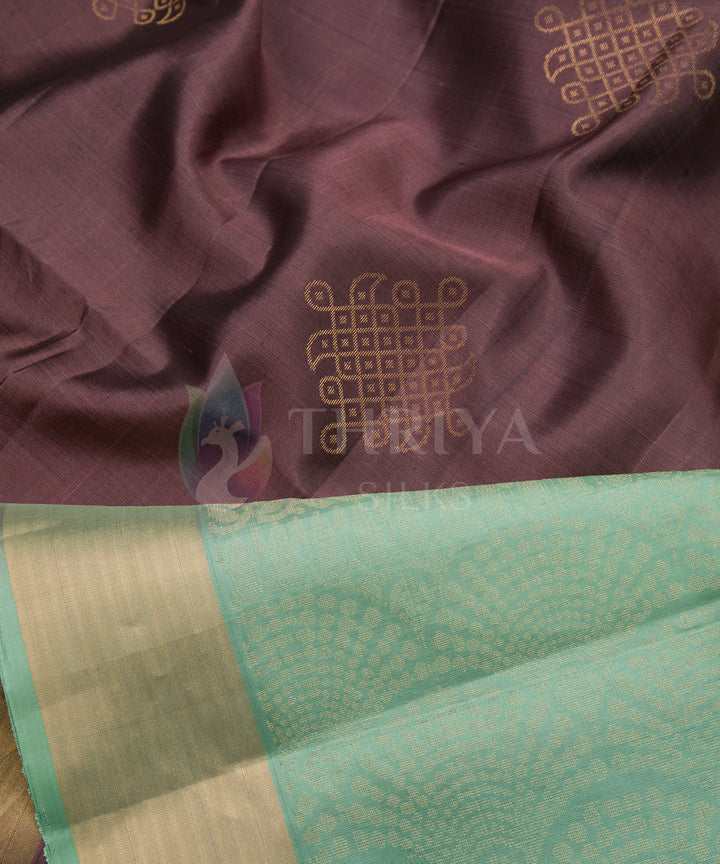 Brown And Pista Green Soft Silk Saree with Kolam Design Pattern - TSSS060501