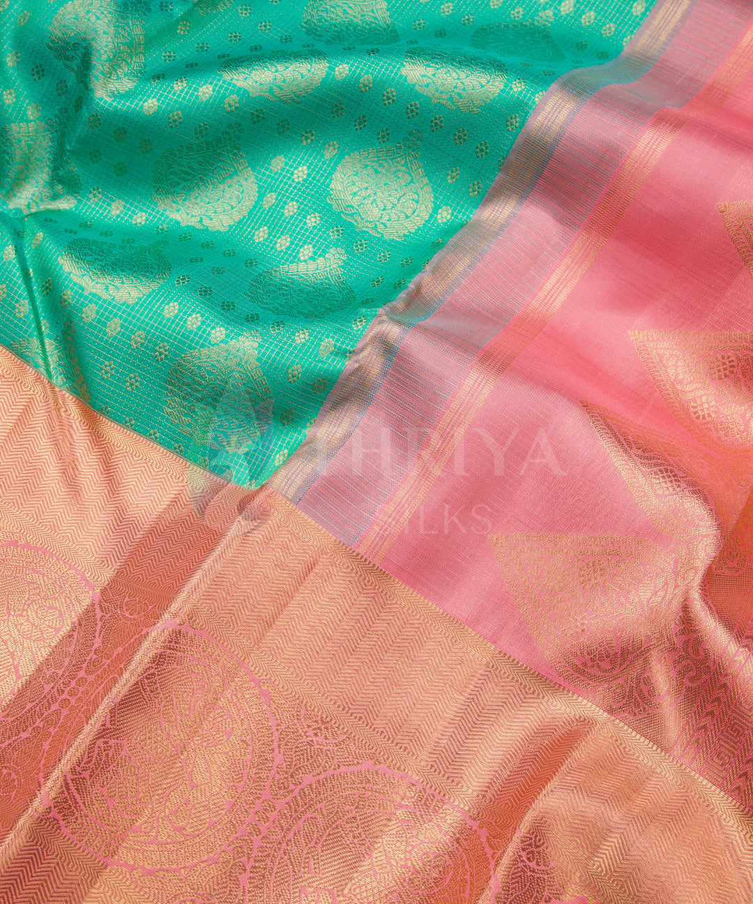 Green and Light Pink Kanchipuram Silk Saree - TSW1135 - View 3