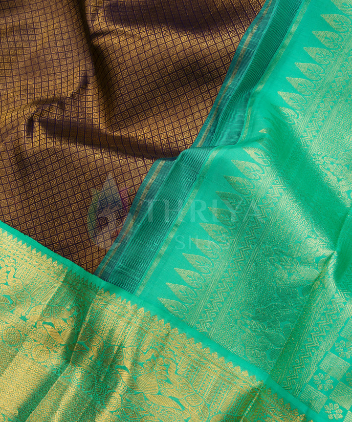 Brown with Sea Green Border Pure Zari Kanchipuram Silk Saree - TSW0812