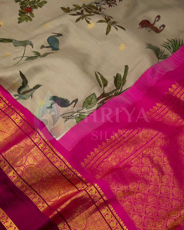 Ash And Pink Digital Print Silk Saree - TSW200602