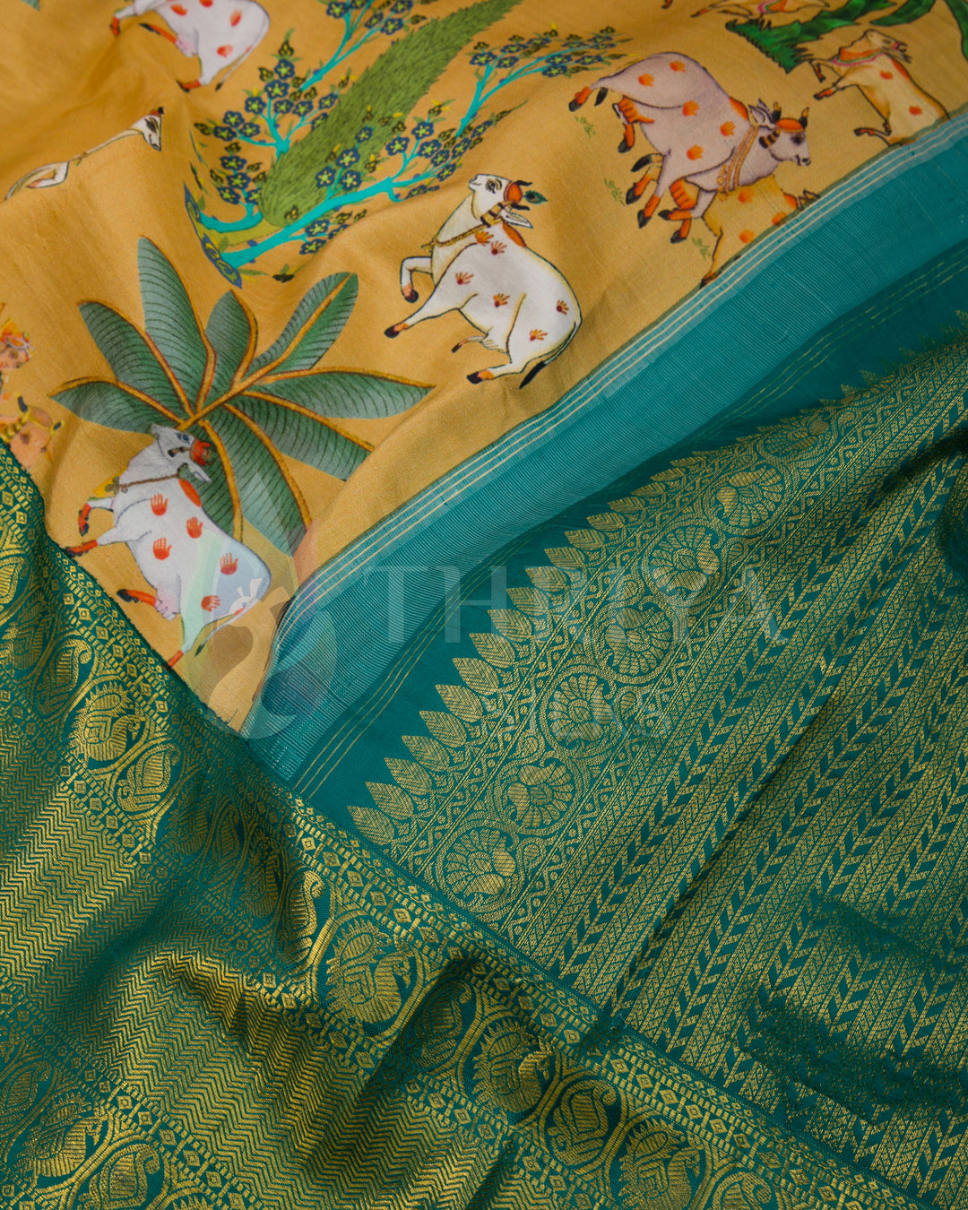 Golden And Peacock Green Digital Print Silk Saree - TSW170802