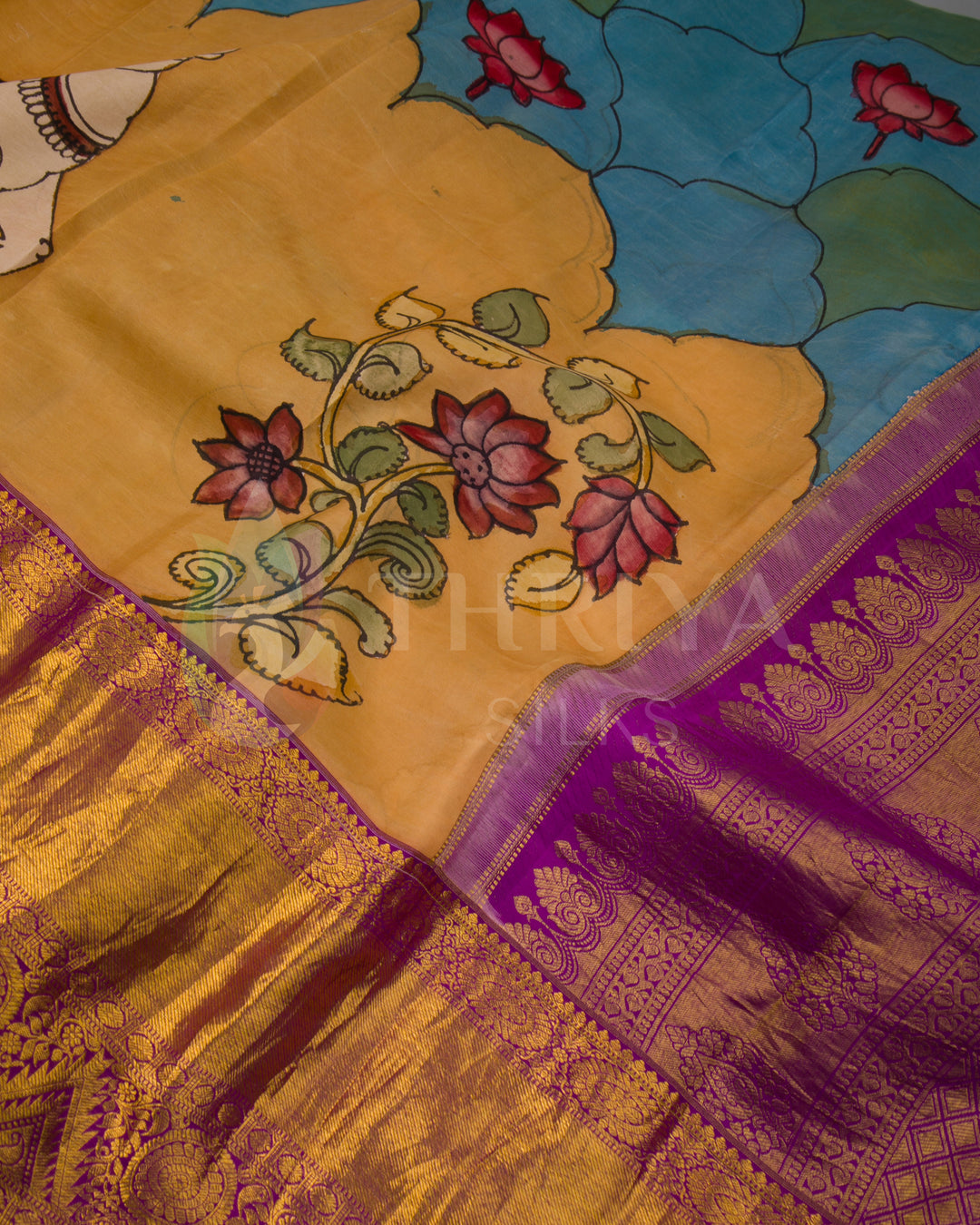 Teal, Yellow And Magenta Kalamkari Kanchipuram Silk Saree - TSW1099