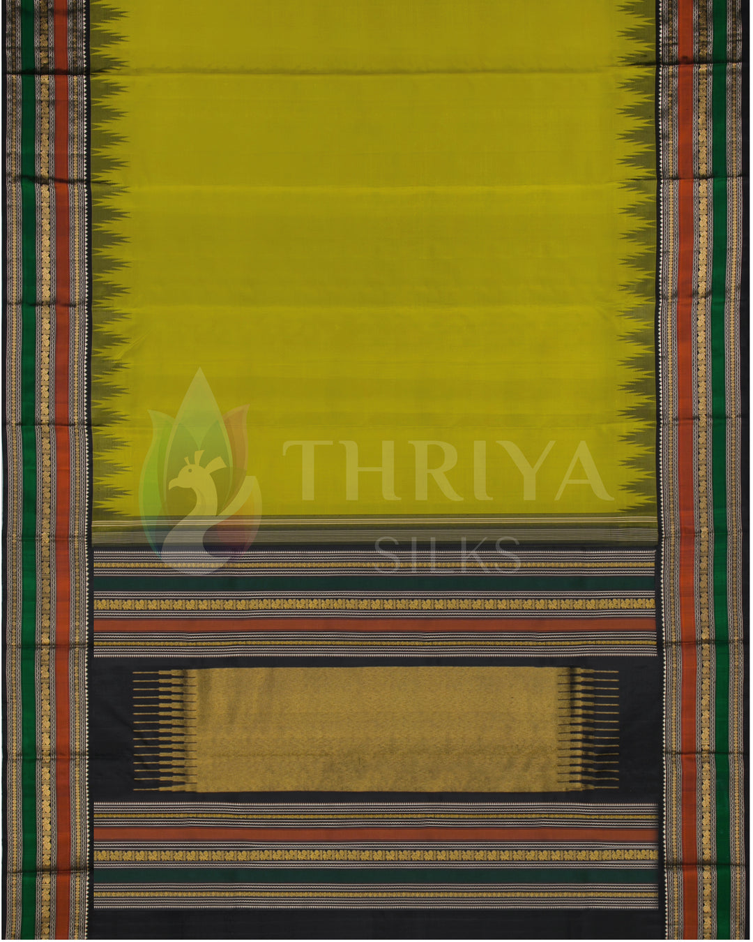 Lime Green And Black Kanchipuram Silk Saree - TSW210924