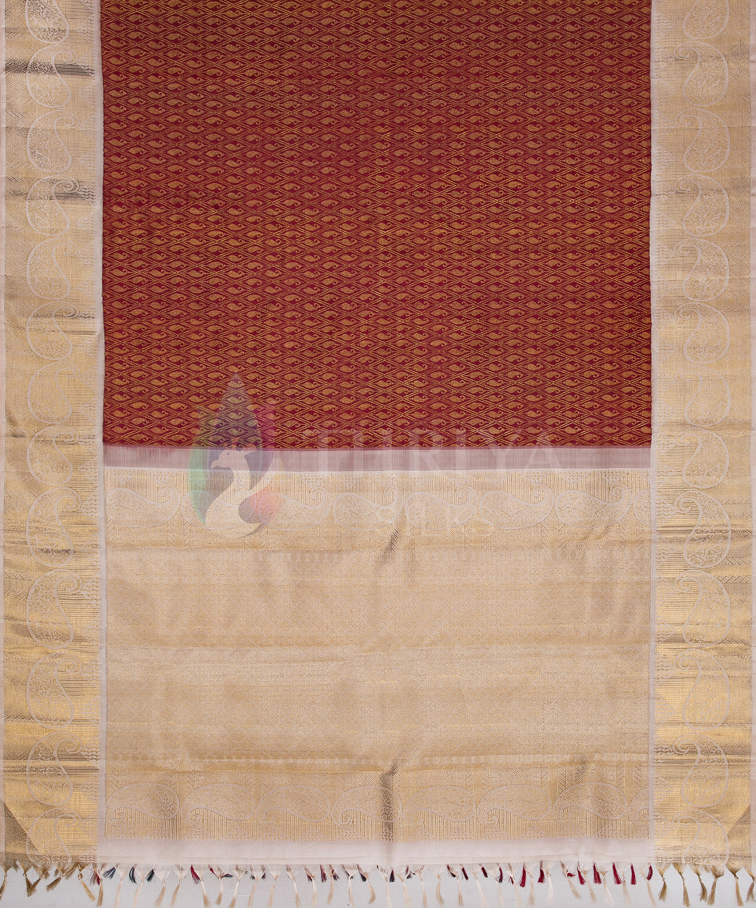 Maroon and Half White Pure Zari Kanchipuram Silk Saree - TSW0807