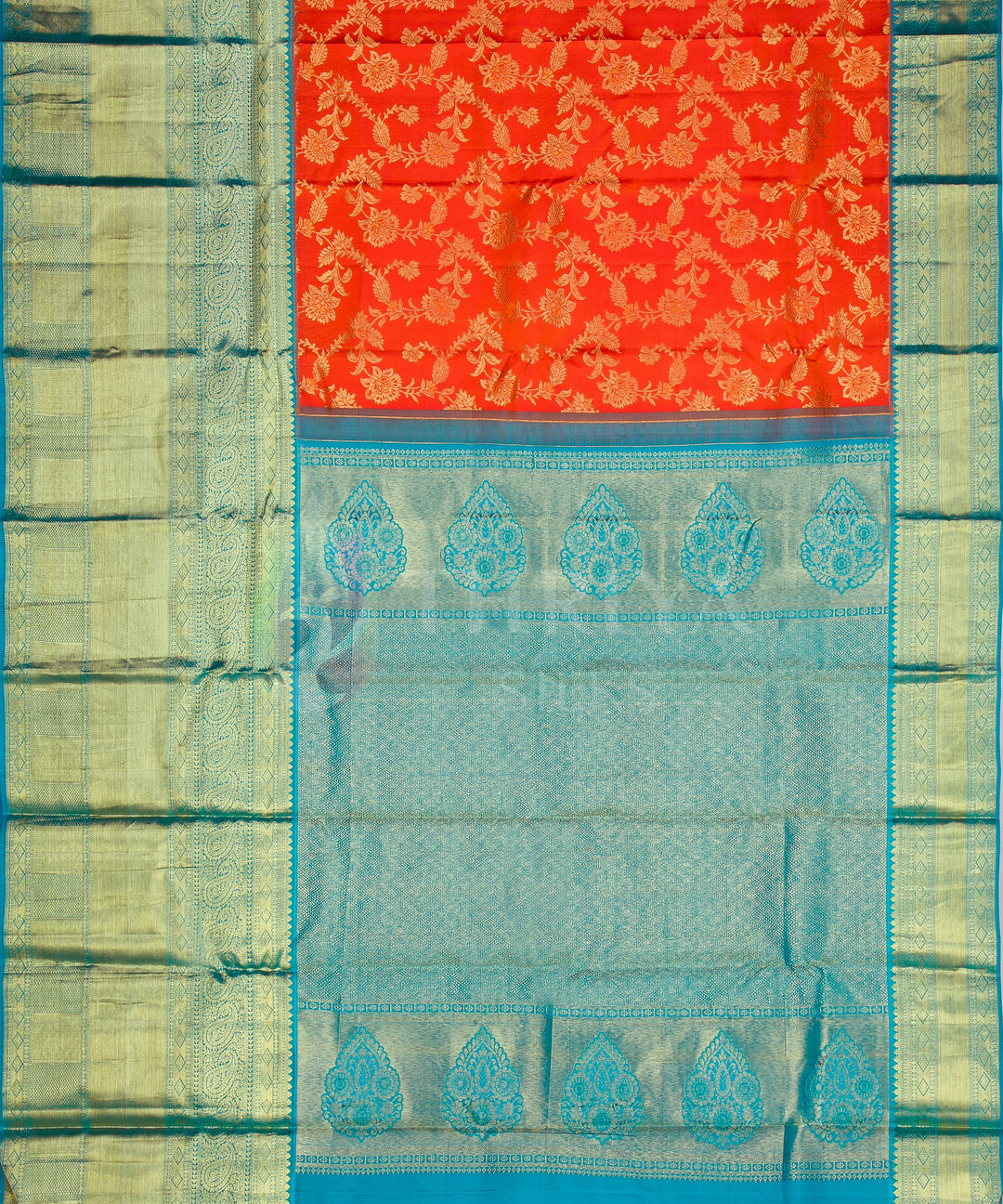 Orange And Aquamarine Kanchipuram Silk Saree - TSW0945