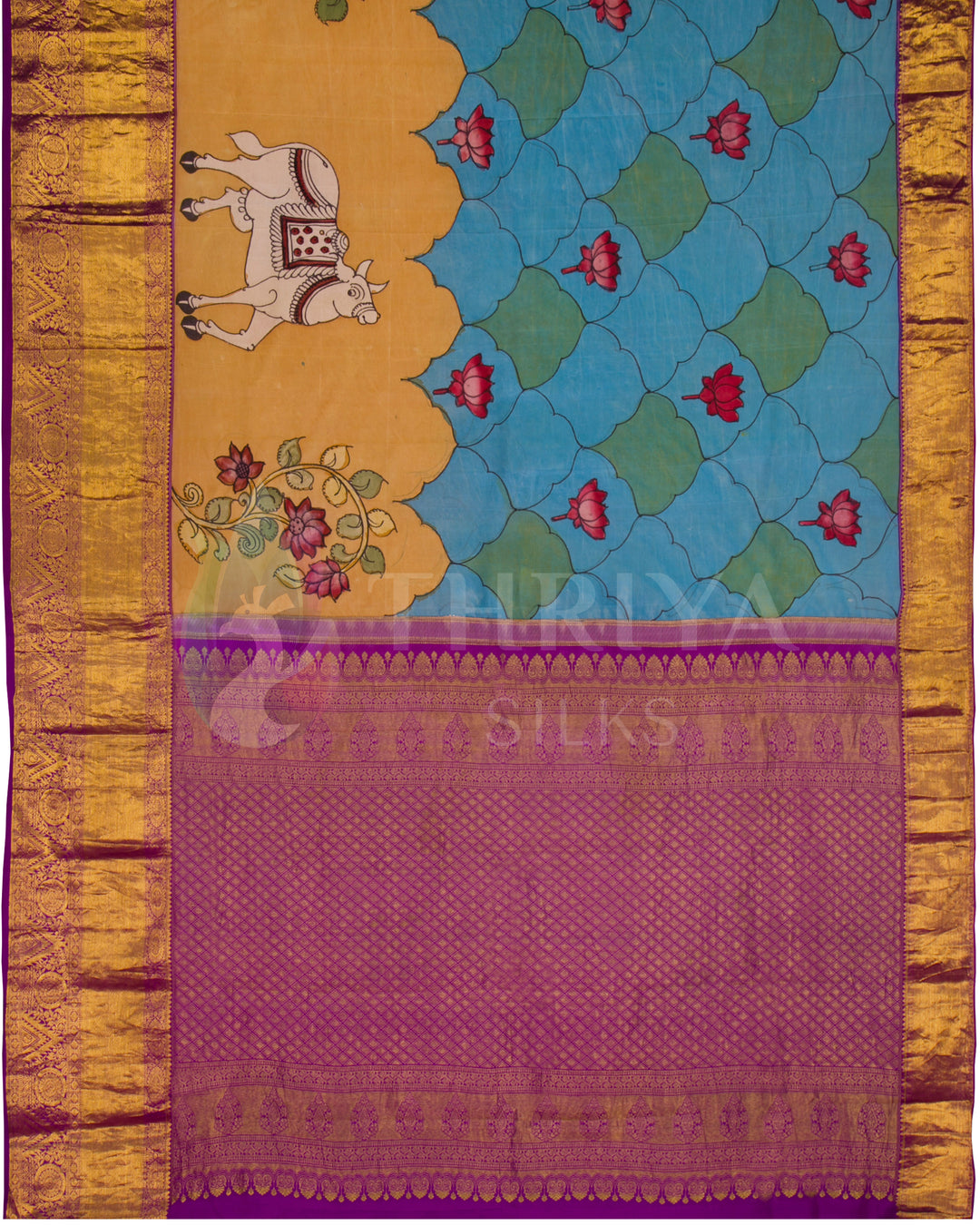 Teal, Yellow And Magenta Kalamkari Kanchipuram Silk Saree - TSW1099