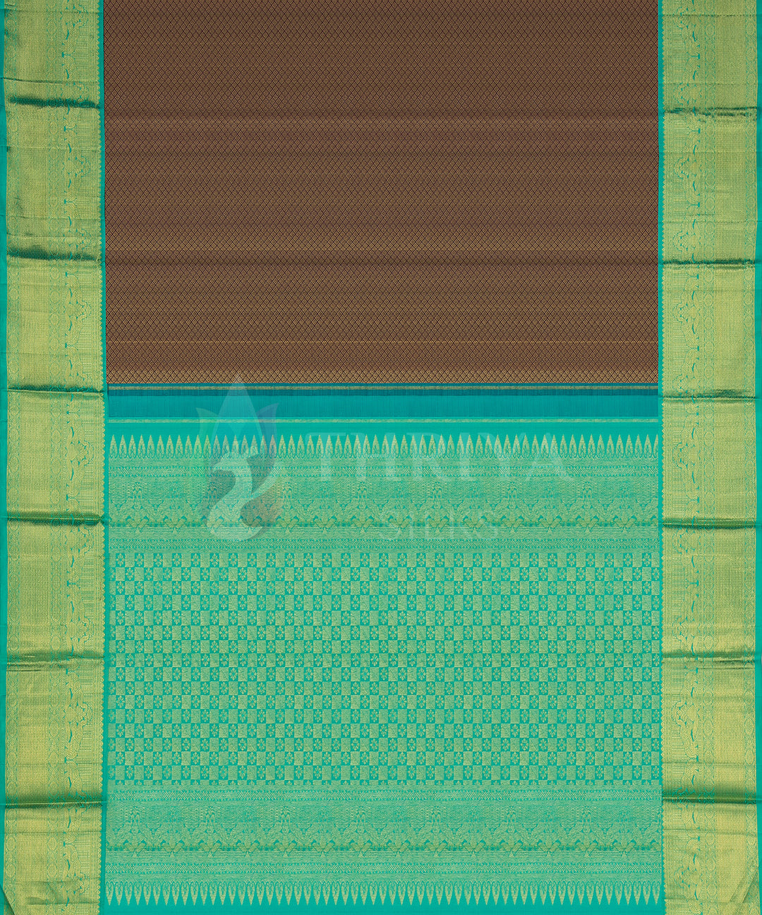 Brown with Sea Green Border Pure Zari Kanchipuram Silk Saree - TSW0812