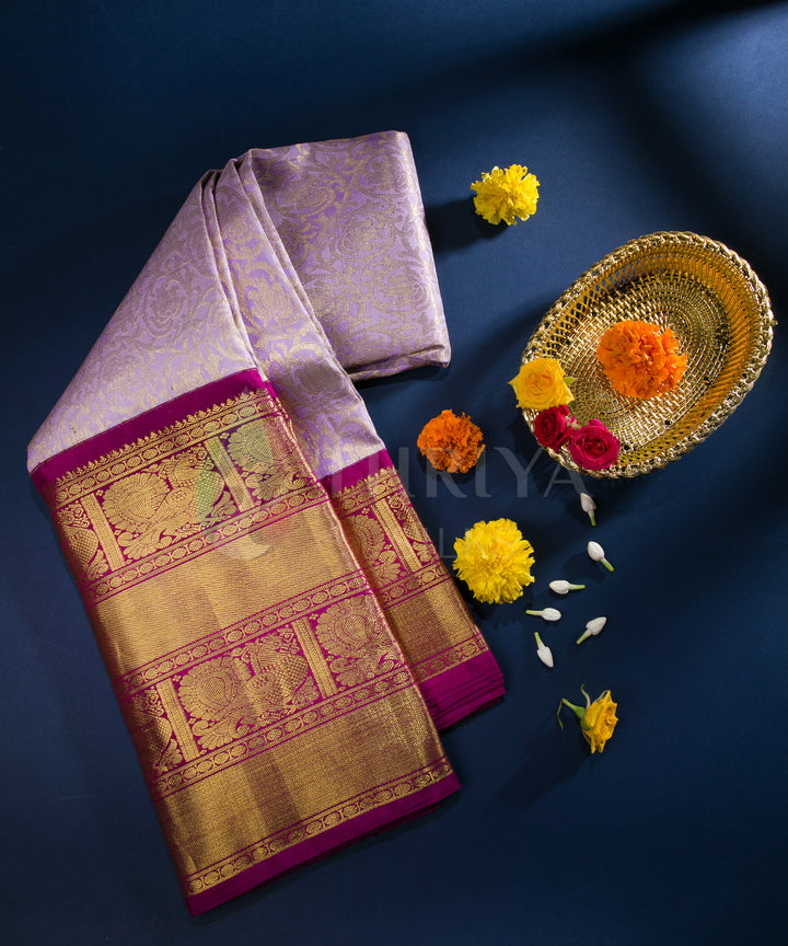 Lavender with Magenta Border Pure Zari Kanchipuram Silk Saree - TSW0832