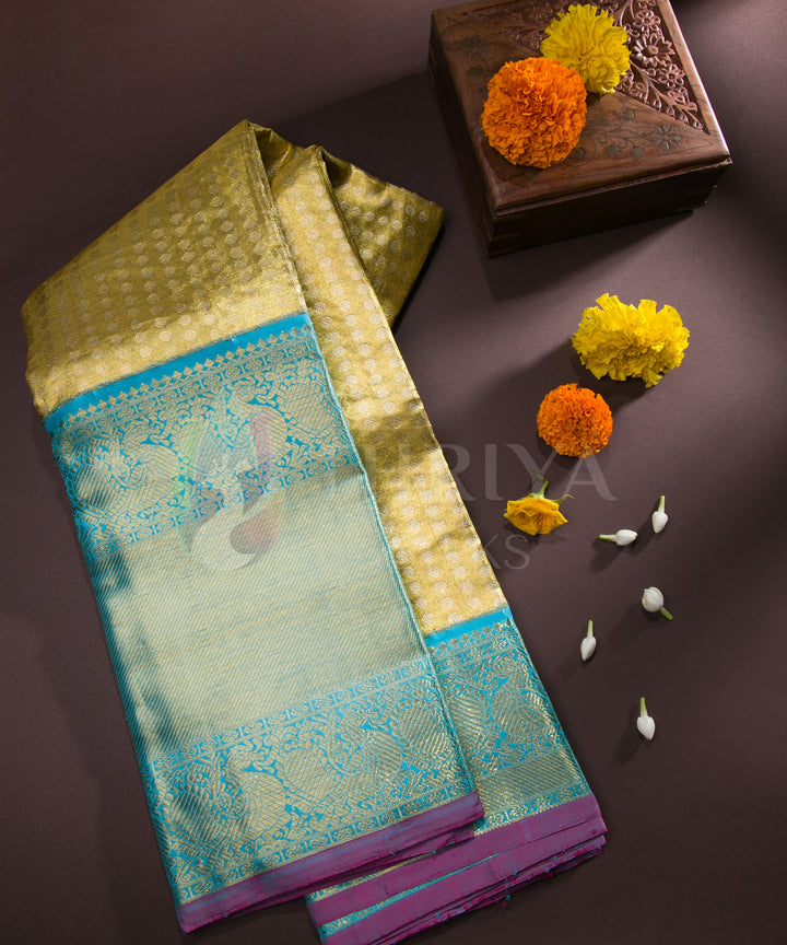 Yellow and Sky Blue Kanchipuram Silk Saree - TSW1105 - View 1