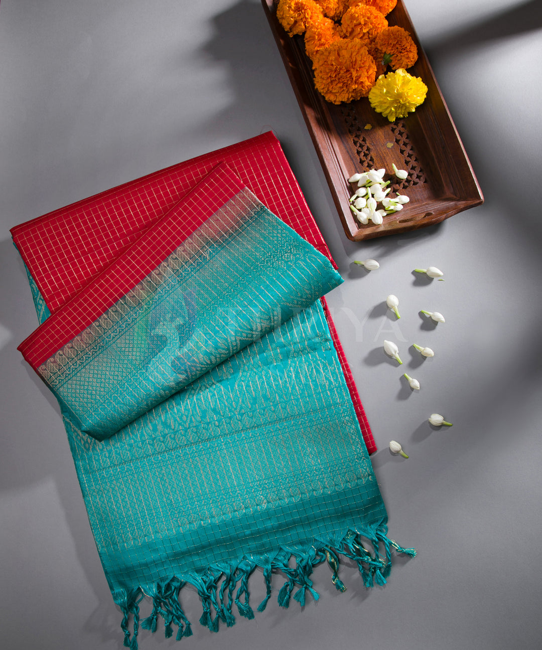 Red and Turquoise Soft Silk Saree - TSW060706 - View 1