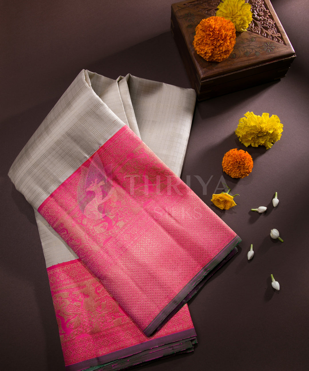 Half White and Pink Kanchipuram Silk Saree - TSW1217 - View 1