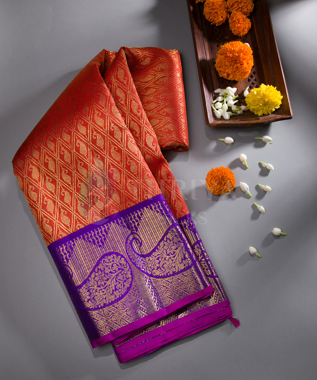 Orange and Purple Kanchipuram Silk Saree - TSW050707 - View 1