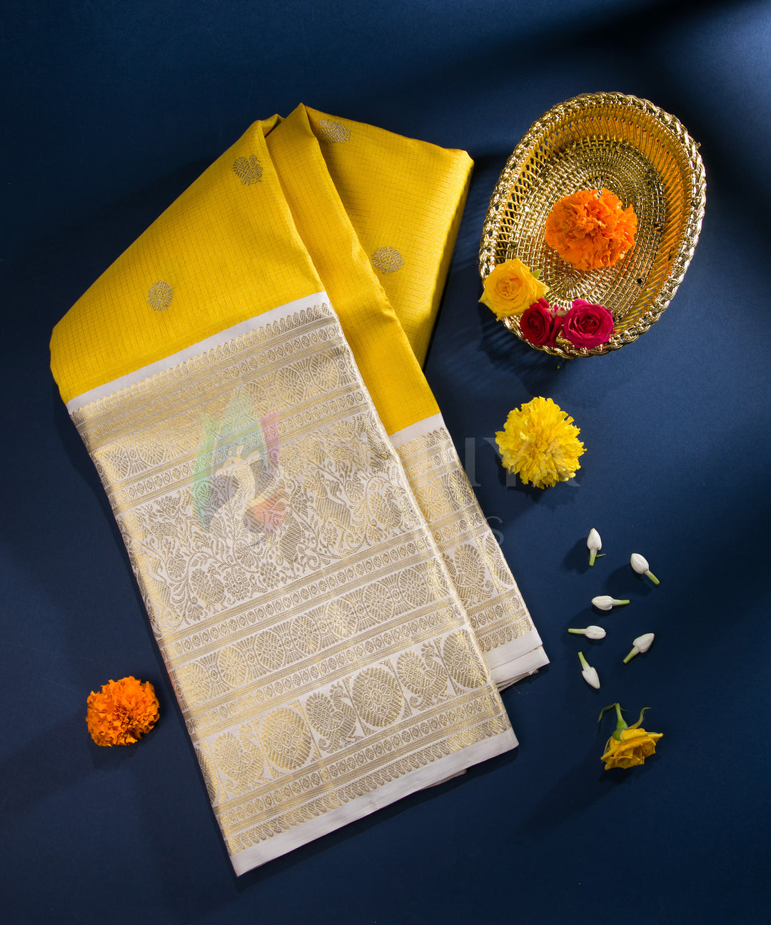 Yellow and Off-White Pure Zari Kanchipuram Silk Saree - TSW0806